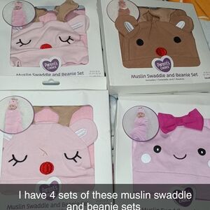 Parent's Choice Pink and Brown Muslin Swaddle and Beanie Set